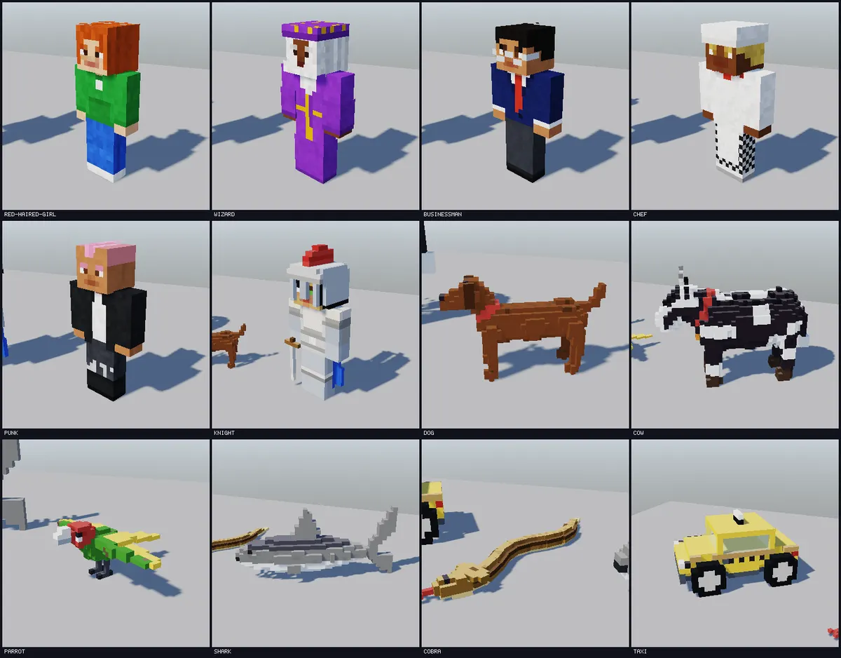 The cast: people, a dog, a cow, a bird, a shark, a snake and a jeep, all made of blocks