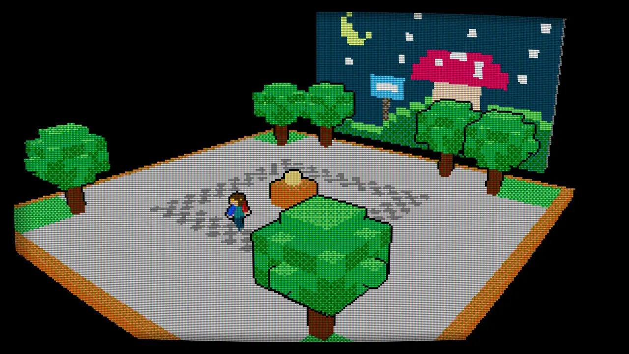 The same plaza on a CRT, with scanlines
