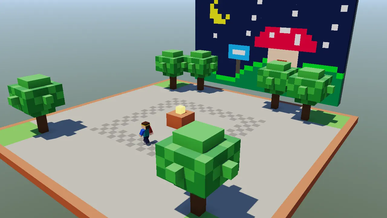A small plaza with trees and a mushroom mural, plain rendering