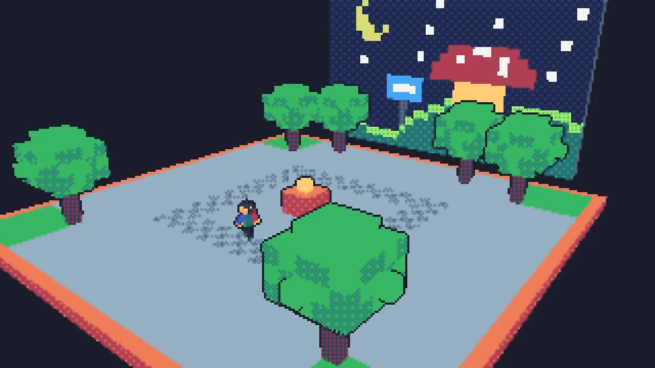 The same plaza as flat pixel art