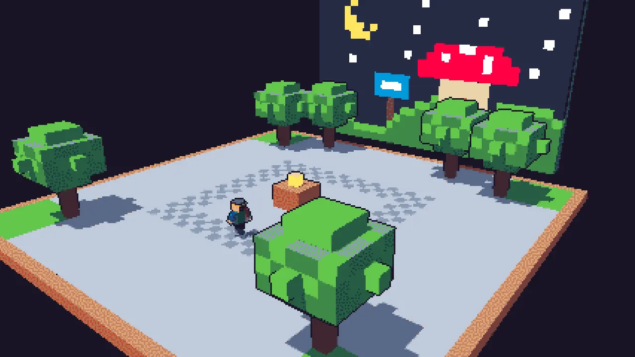 The same plaza as 3D pixel art with outlines